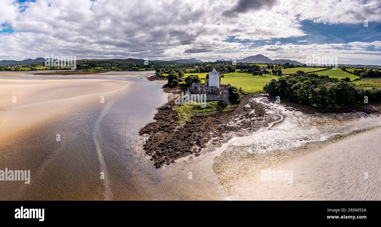 Aerial view of Castle Dow and Sheephaven Bay in Creeslough - County Donegal, Ireland. Stock Photo