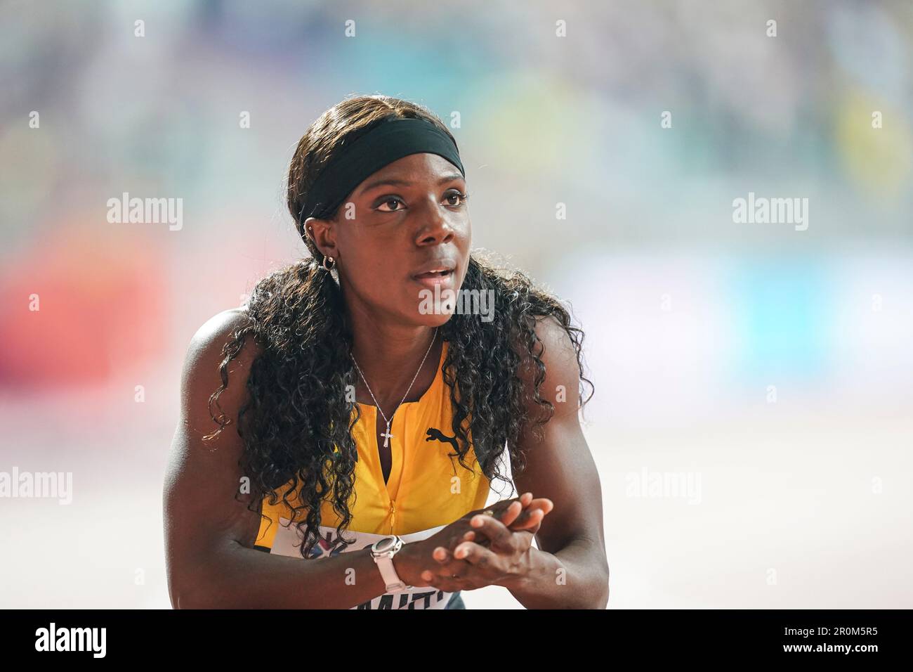 Jonielle Smith running the 100m at the 2019 World Athletics