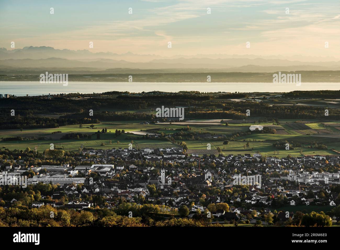 Markdorf, Lake Constance with Swiss Alps, view from Gehrenberg, Linzgau, Lake Constance, Baden-Württemberg, Germany Stock Photo