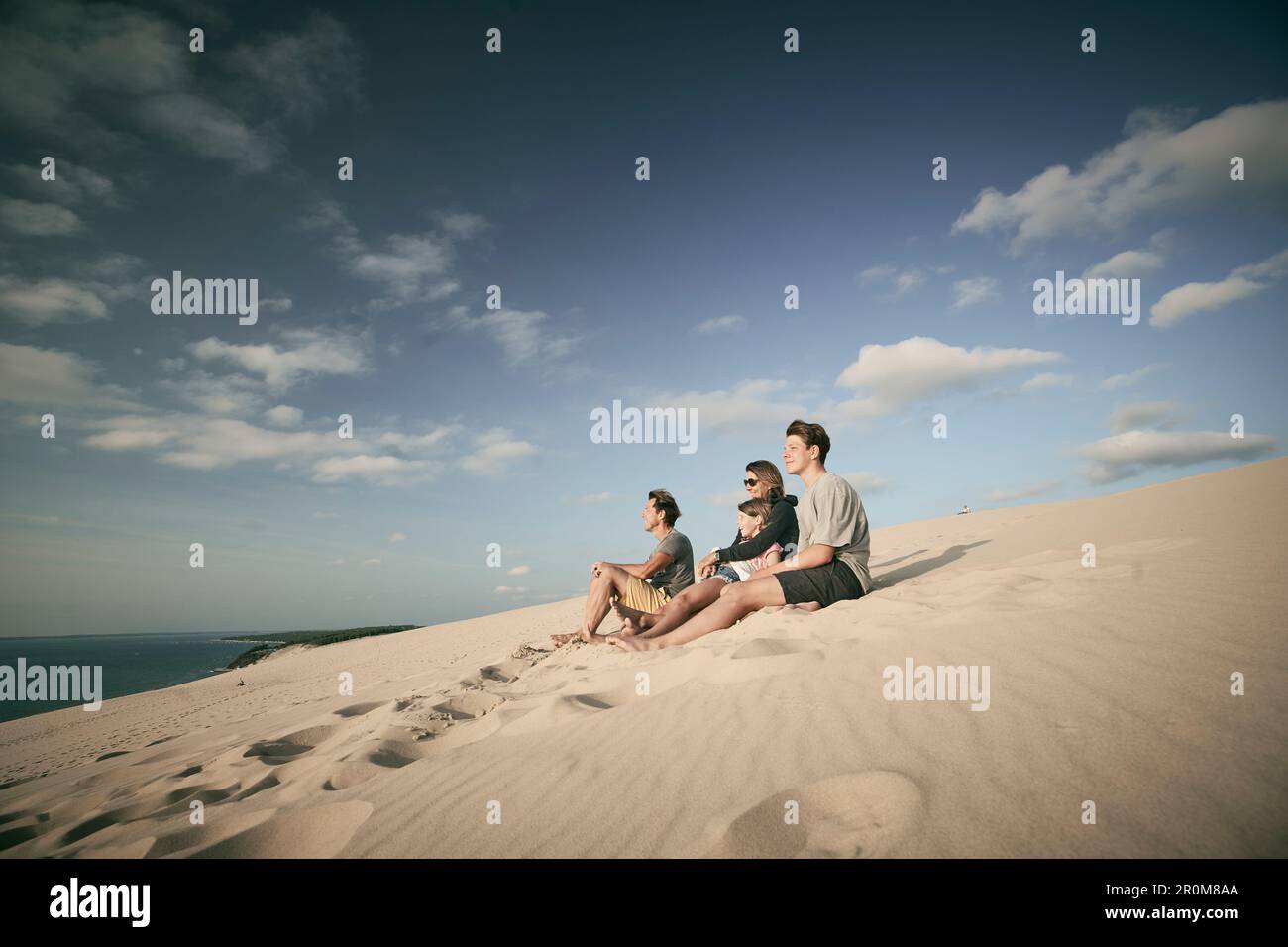 Family on the dune, Dune d'Arcachon, French Atlantic coast, Aquitaine, France Stock Photo