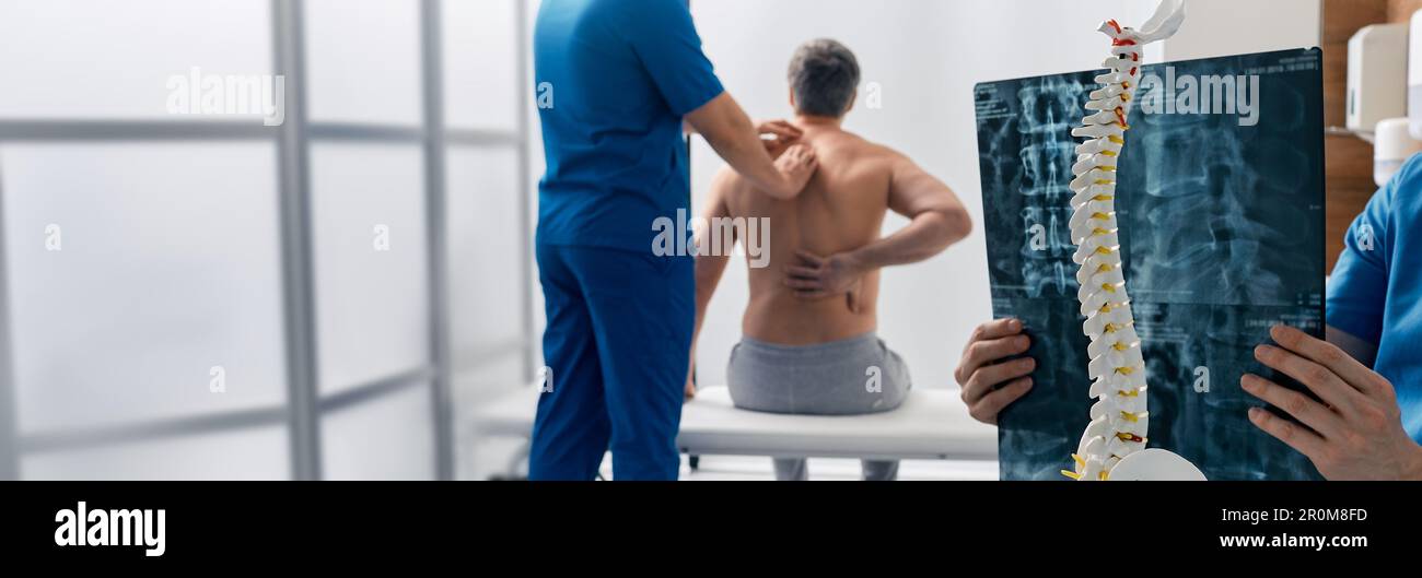 Complex examination and treatment of pain in cervical spine with examination and MRI of spine in manual therapy medical clinic. Osteopathy Stock Photo