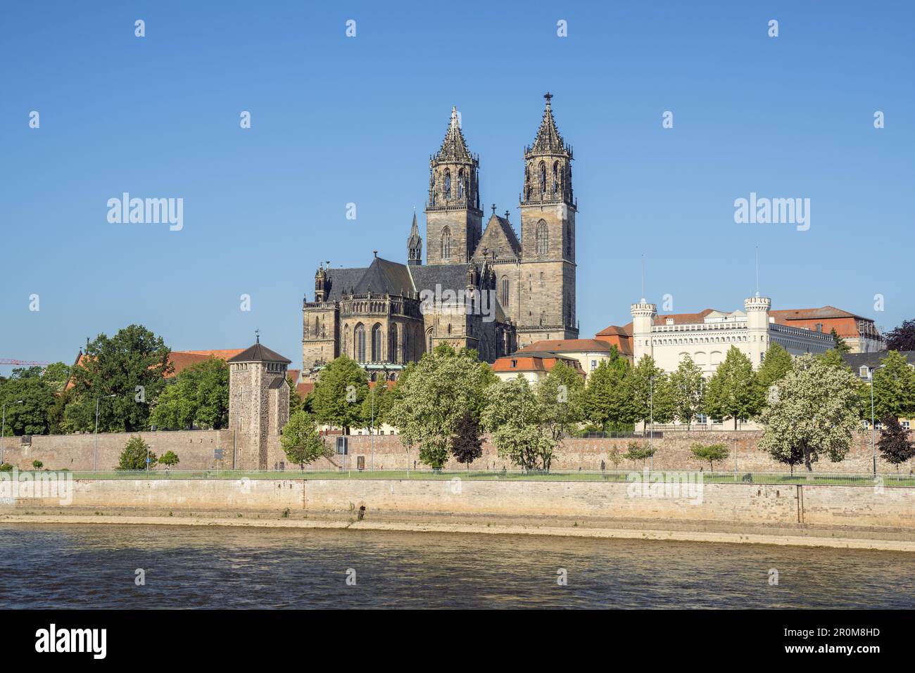 View across the Elbe to the Magdeburg Cathedral and Fürstenwall, Magdeburg, Saxony-Anhalt Stock Photo