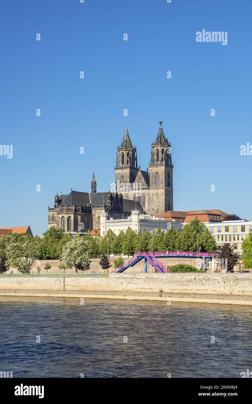 View across the Elbe to the Magdeburg Cathedral and the Fürstenwall, Magdeburg, Saxony-Anhalt, Central Germany, Germany, Europe Stock Photo
