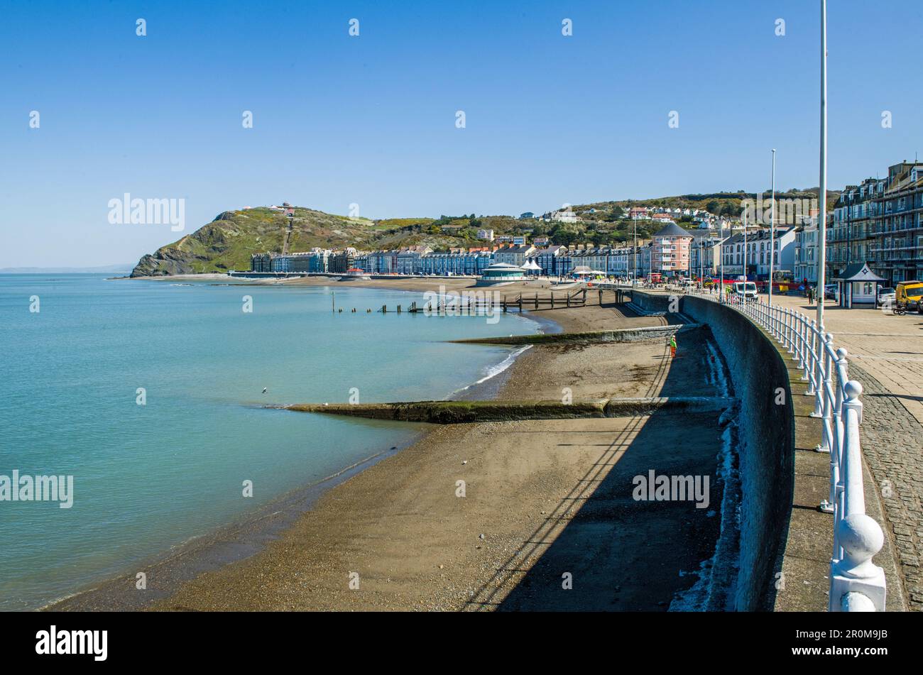 North Beach and Mountain Railway Aberystwyth Ceredigion in Mid Wales on a sunny April day Stock Photo