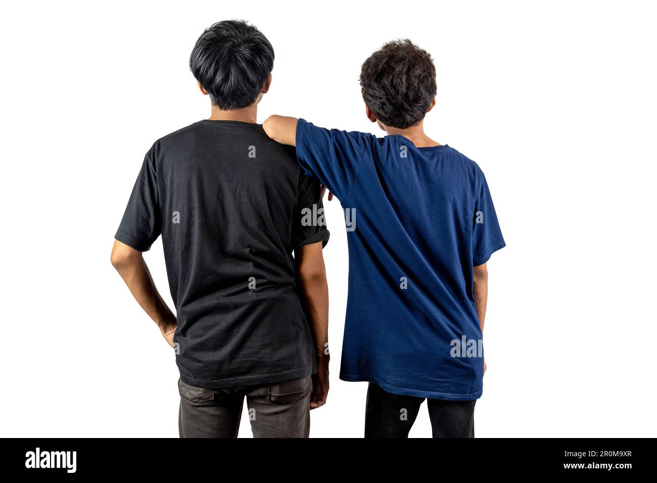 Rear view of two men standing isolated over white background Stock ...