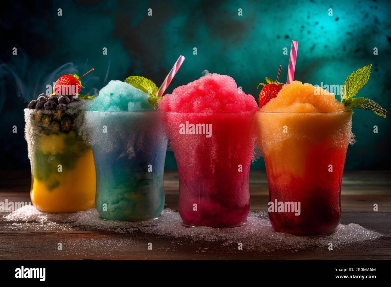 A row of rainbow colored ice creams with straws and rainbow colored ice