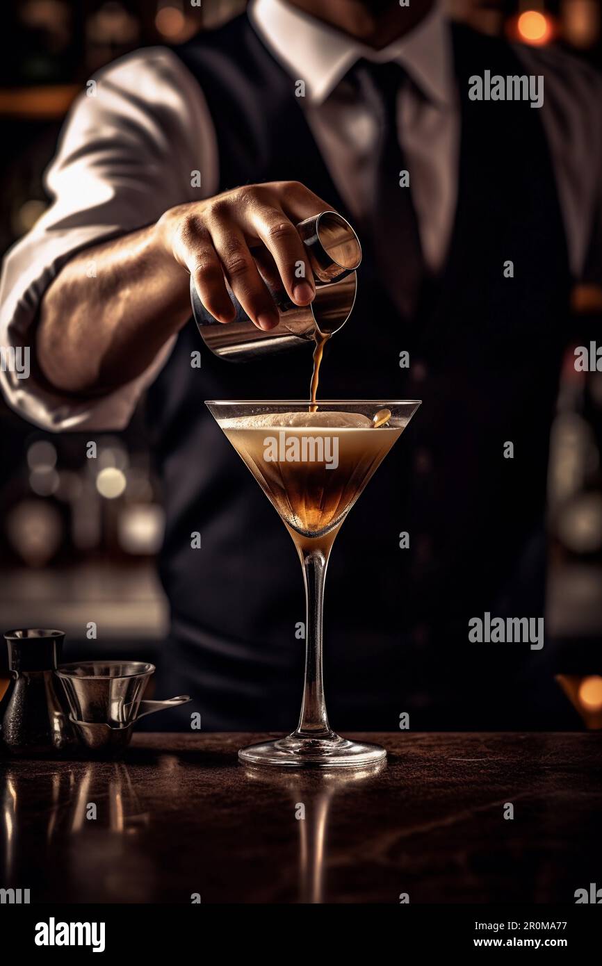 A Tini Espresso Martini bartender pouring a drink into a martini glass