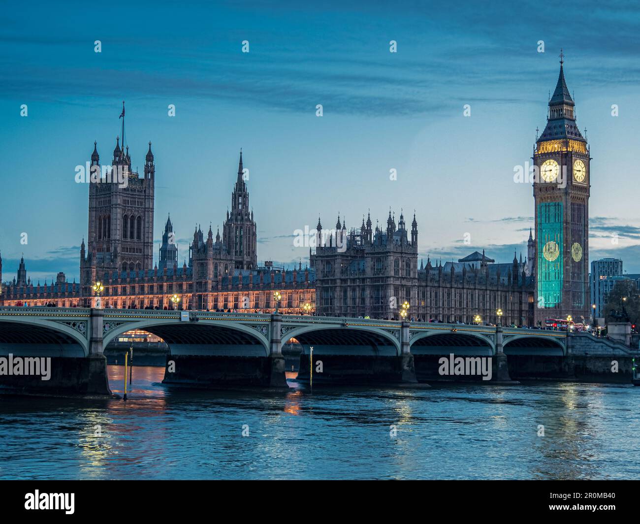Big Ben and Westminster lit at night for the coronation Stock Photo