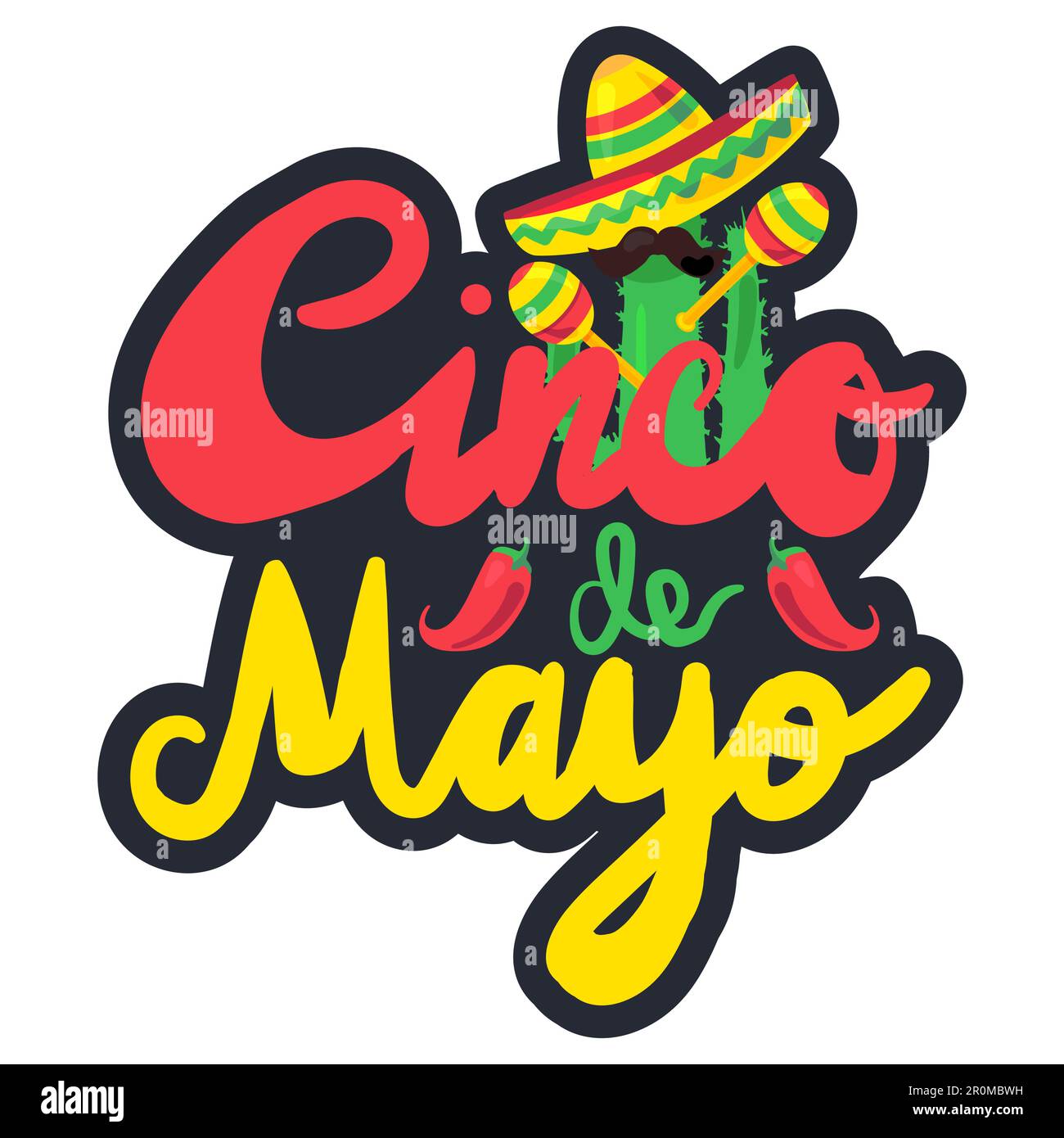 Cinco De Mayo Festival Label with pepper, cactus, mustache and sombrero