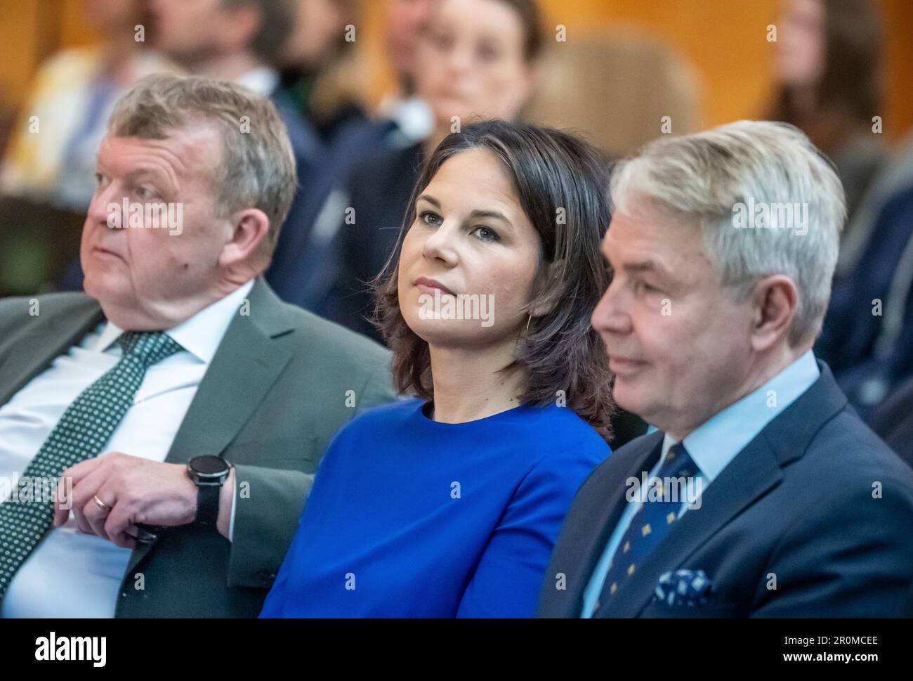 09 May 2023, Berlin: Annalena Baerbock (Bündnis90/Die Grünen, M), Foreign Minister, takes part in the Foreign Office's 'Baltic Offshore Wind Forum' alongside Lars Løkke Rasmussen, Foreign Minister of Denmark, (l) and Pekka Olavi Haavisto, Foreign Minister of Finland. The forum deals with interfaces of energy and security policy, such as resilient and interconnected infrastructures, production capacities or the necessary space requirements in the Baltic Sea. Photo: Michael Kappeler/dpa Stock Photo