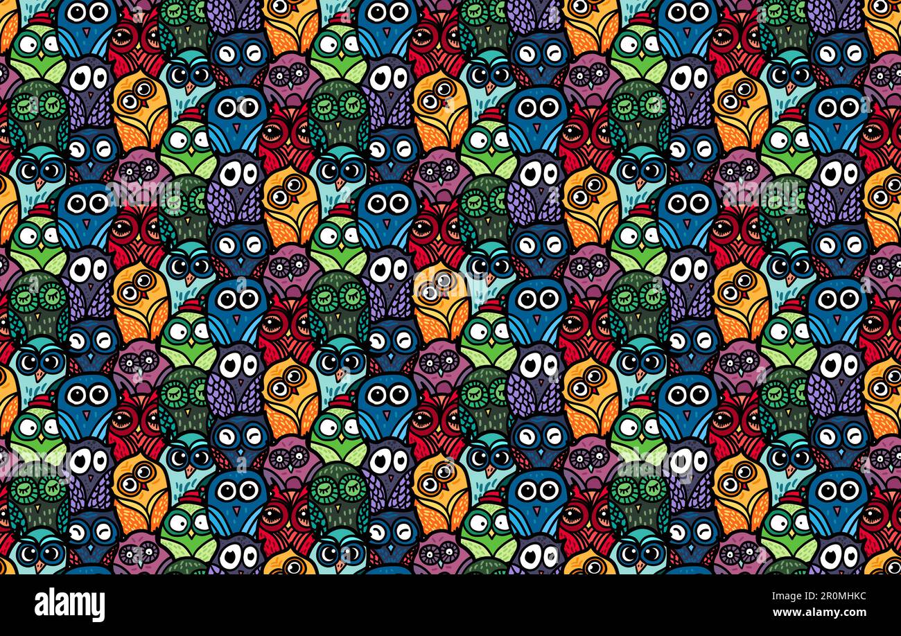Hand Drawn Funny Owl. Owls seamless pattern for print, fabric, wrap and ...