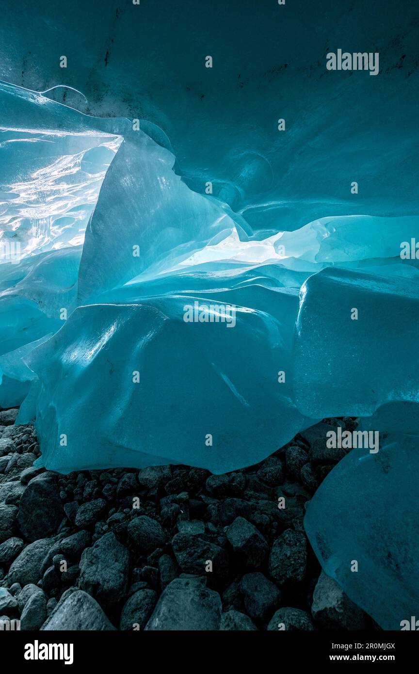 structure of glacier ice in a glacier cave in Valais Stock Photo