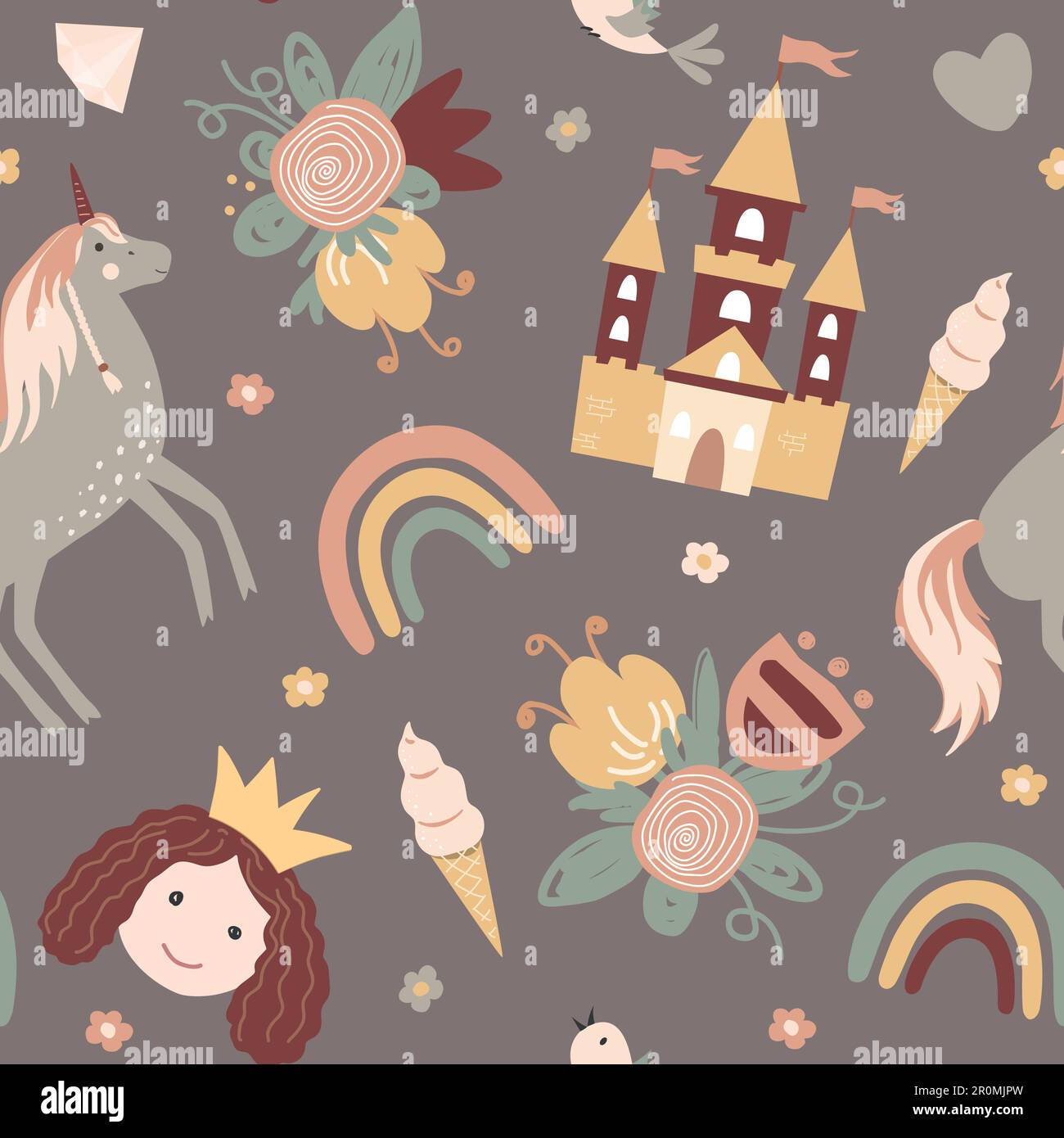 Princess seamless pattern in Scandinavian style. Castle, rainbow ...