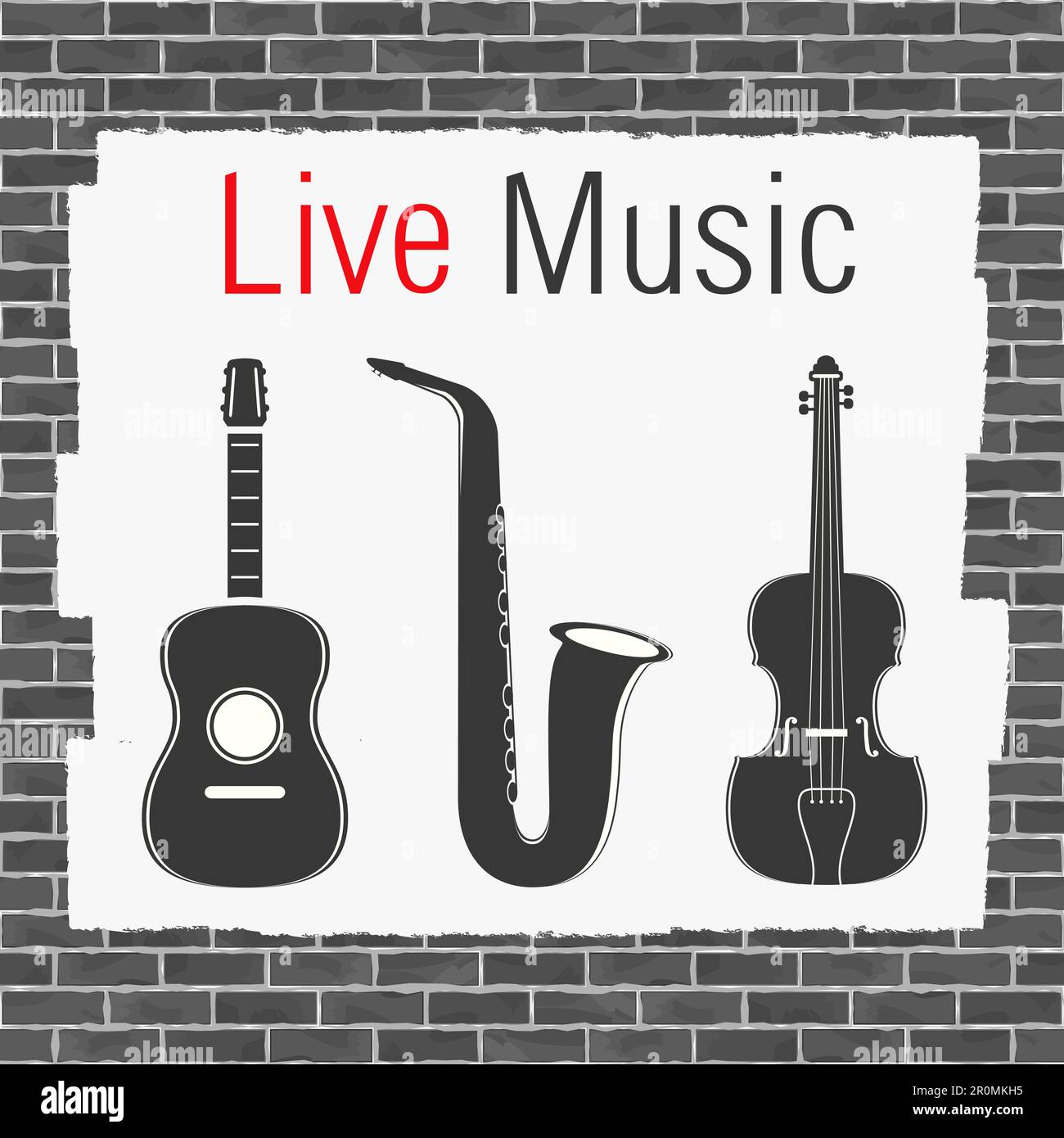 Guitar, saxophone and violin painted on brick wall, live music, vector
