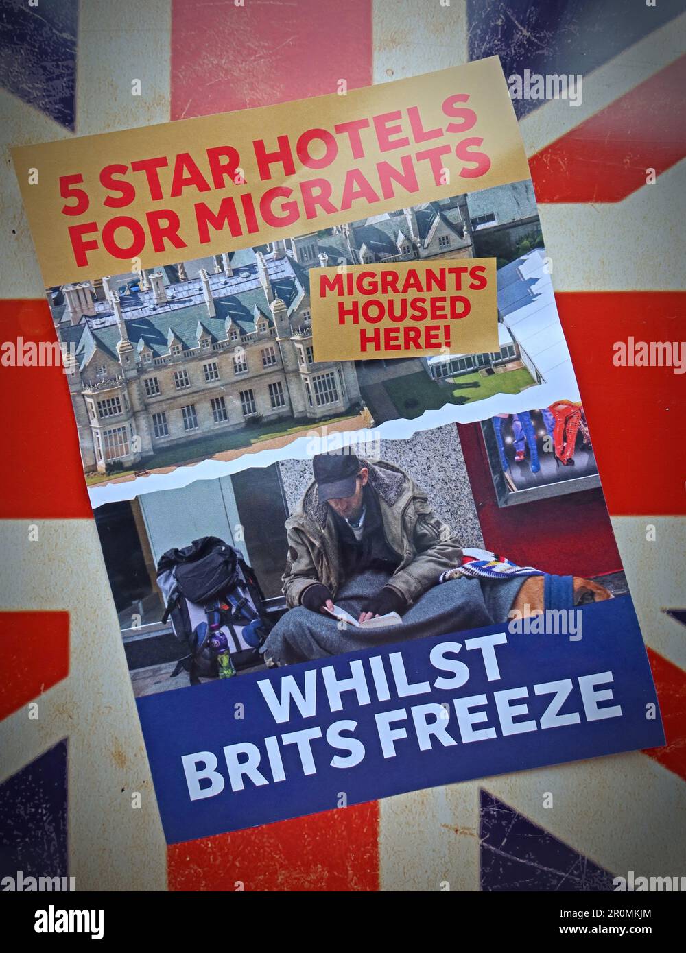 5 Star Hotels for immigrants - Patriotic Alternative far-right council election leaflets, Warrington, Cheshire, England, UK, WA4 1NN Stock Photo