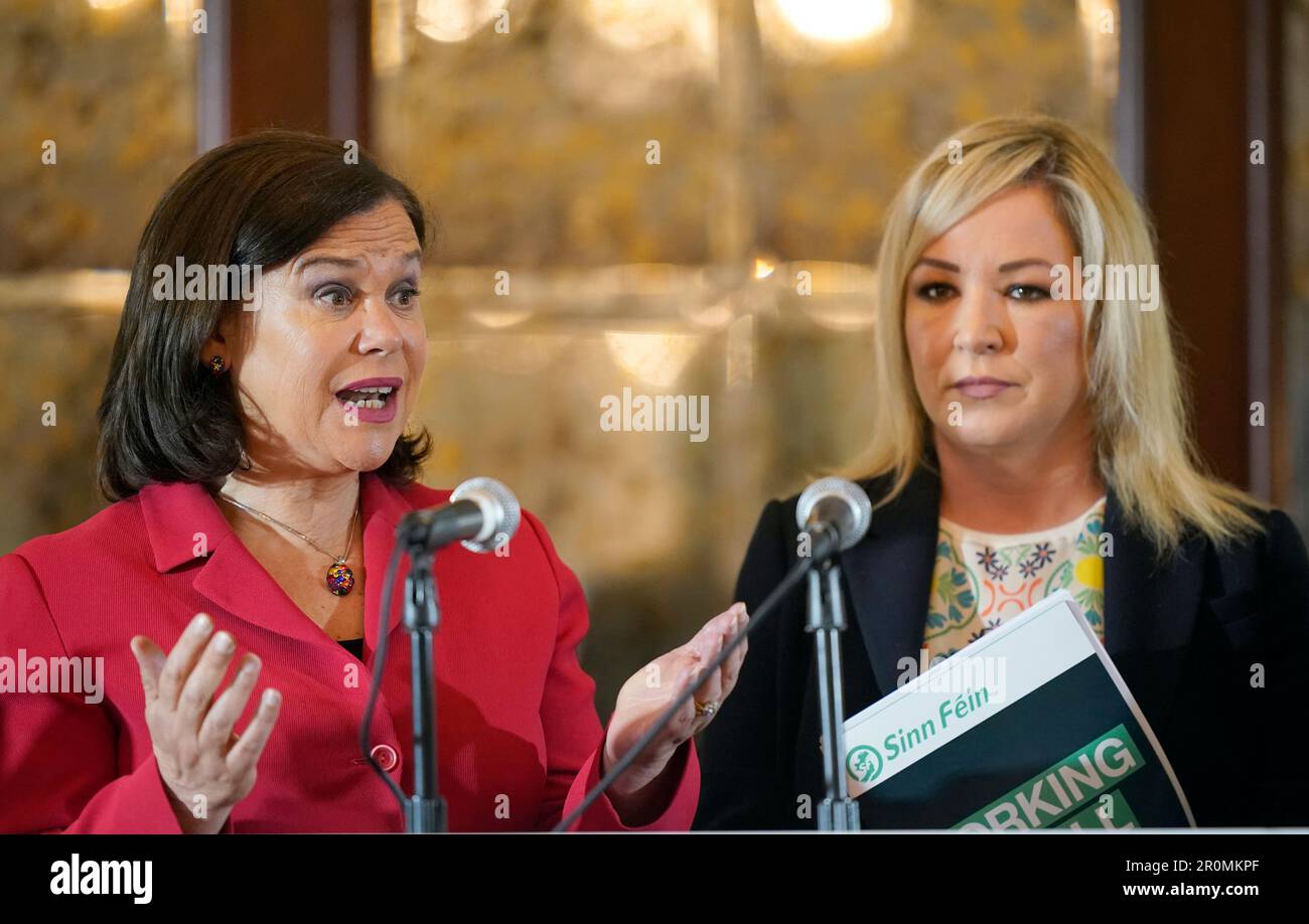 Sinn Fein Party leader Mary Lou McDonald and vice president Michelle O'Neill speak to the media at the Canal Court hotel in Newry, during the launch of the party's local government elections manifesto. Picture date: Tuesday May 9, 2023. Stock Photo