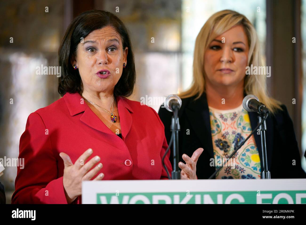 Sinn Fein Party leader Mary Lou McDonald and vice president Michelle O'Neill speak to the media at the Canal Court hotel in Newry, during the launch of the party's local government elections manifesto. Picture date: Tuesday May 9, 2023. Stock Photo