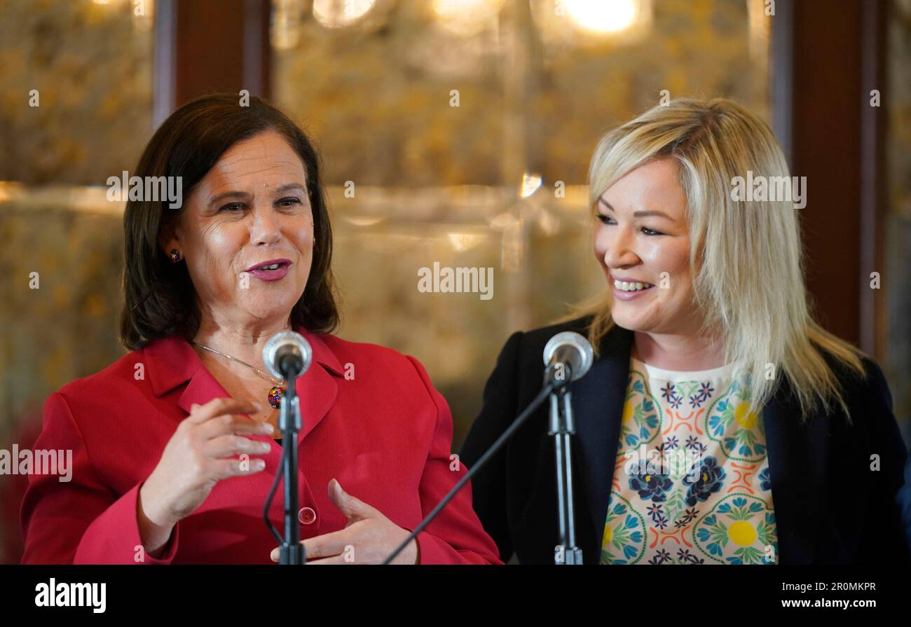 Sinn Fein Party leader Mary Lou McDonald and vice president Michelle O'Neill speak to the media at the Canal Court hotel in Newry, during the launch of the party's local government elections manifesto. Picture date: Tuesday May 9, 2023. Stock Photo