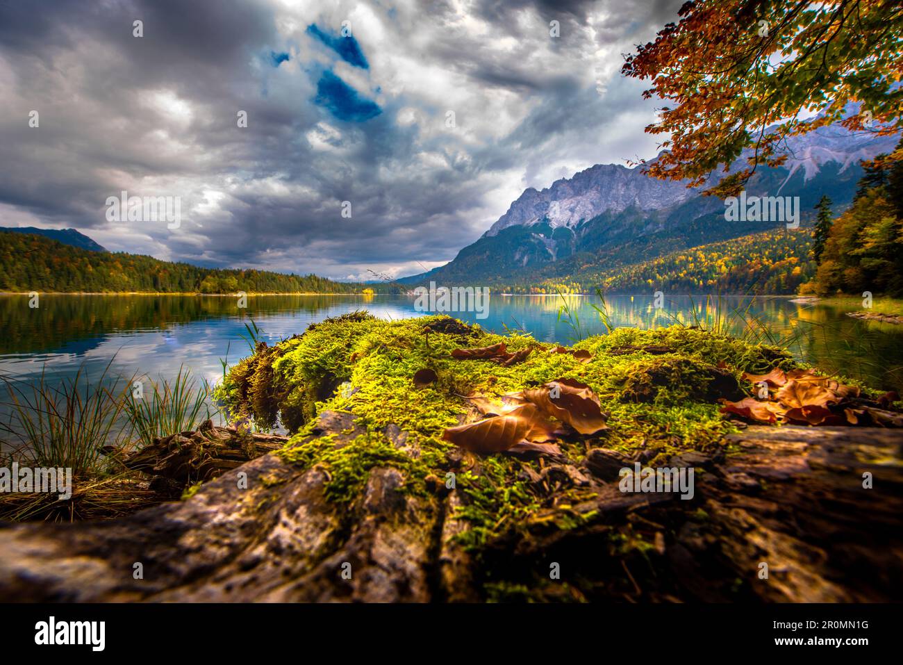 The Eibsee below the Zugspitze in the Wetterstein Mountains in Bavaria ...