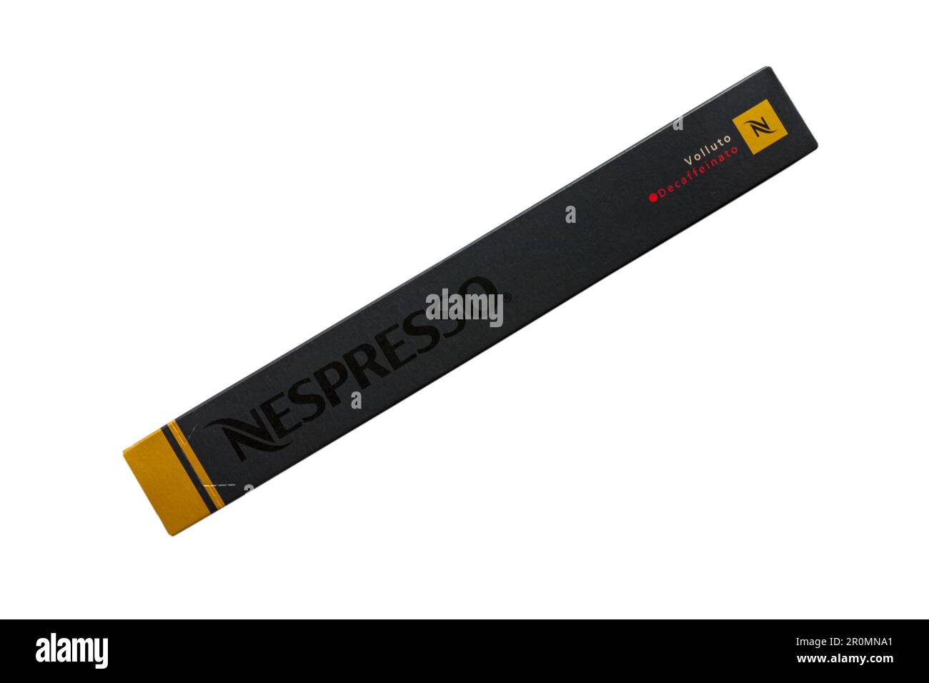 Box of Nespresso Volluto Decaffeinato coffee capsules isolated on white