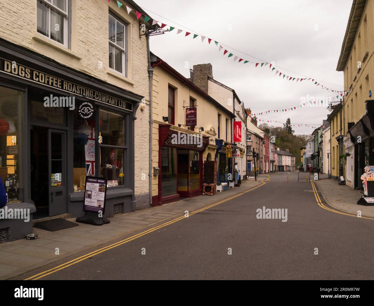 View downThe Struet street in centre of Brecon market town with coffee