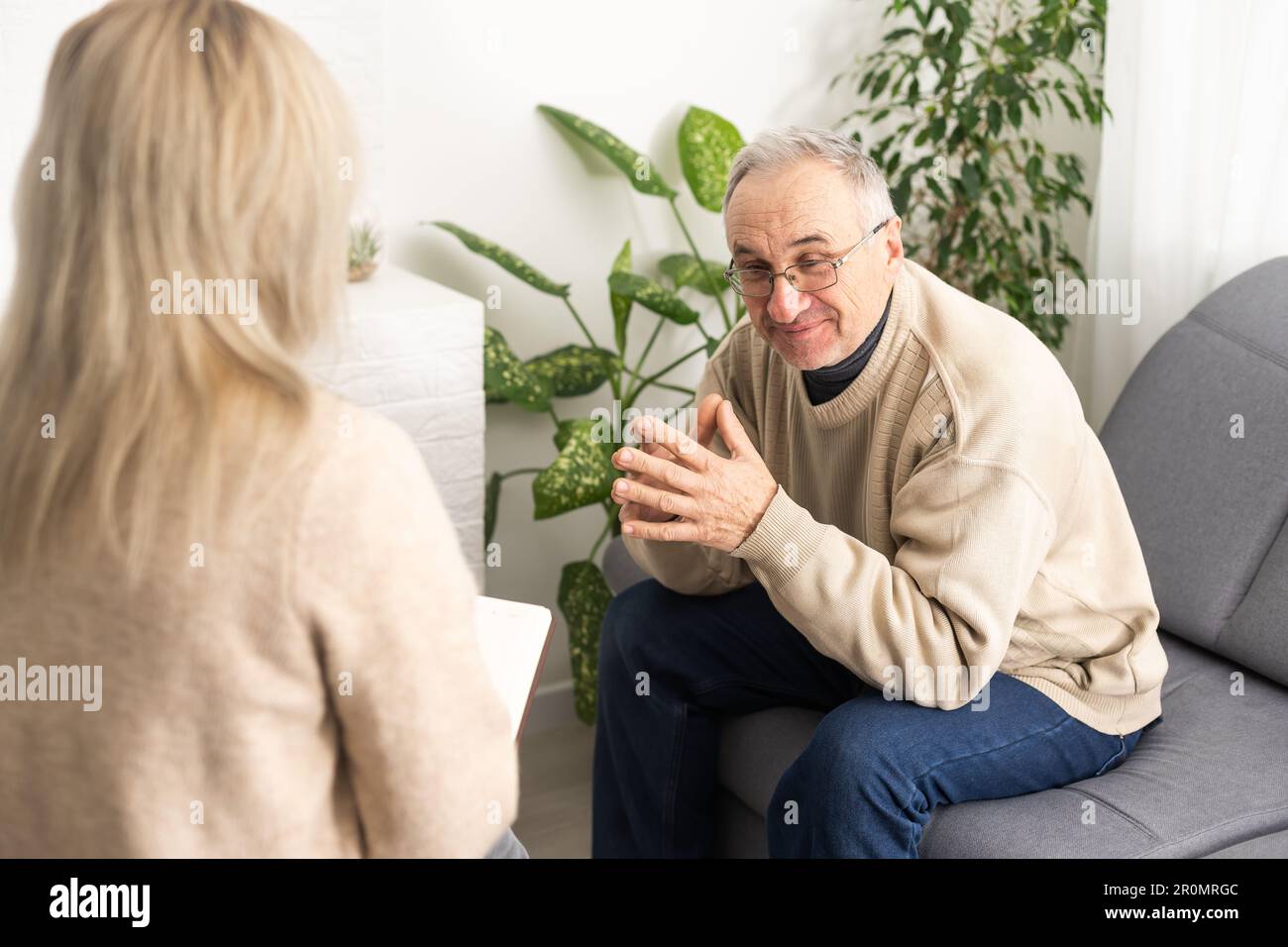 Psychology, depression people. Elderly adult man, men consulting with