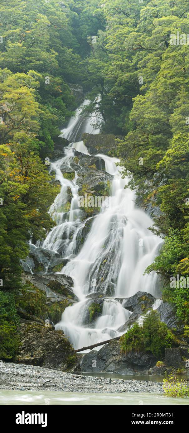 Fantail Falls, Mount Aspiring National Park, Hates Pass, West Coast, South Island, New Zealand, Oceania Stock Photo