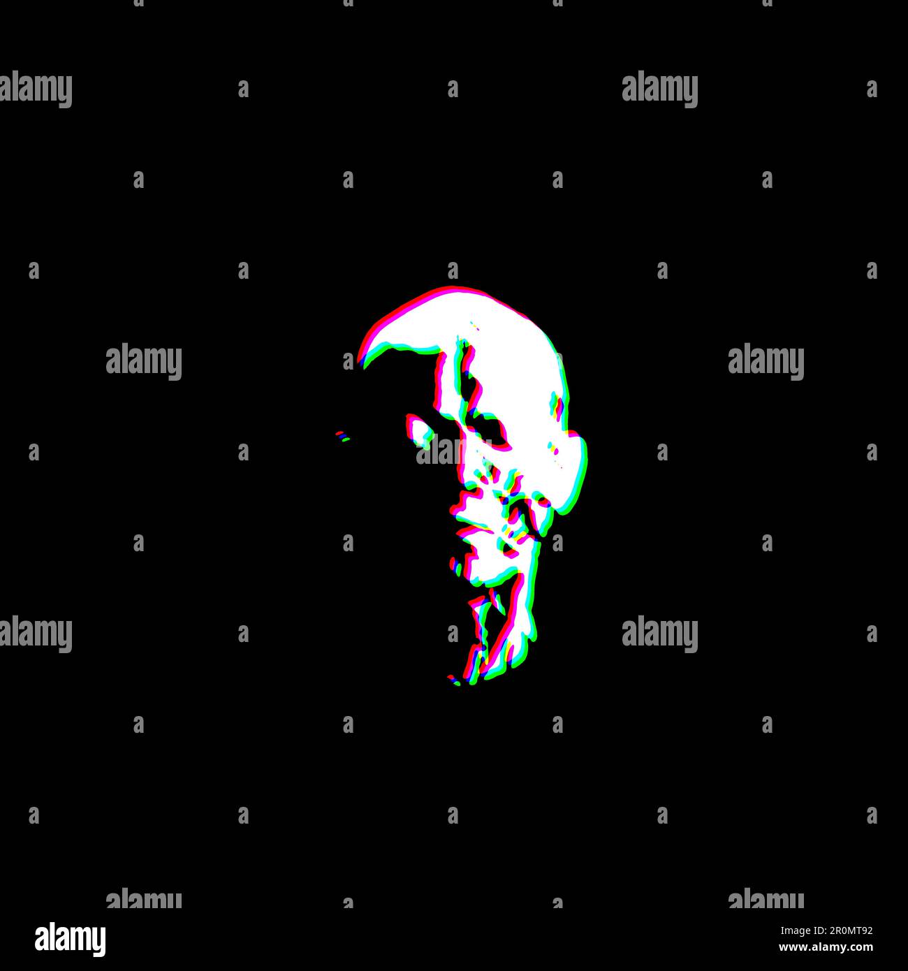 White Black Ecorche Human Head Grudge Scratched Dirty Punk Style Print Culture Symbol Shape Graphic Red Green illustration Stock Photo