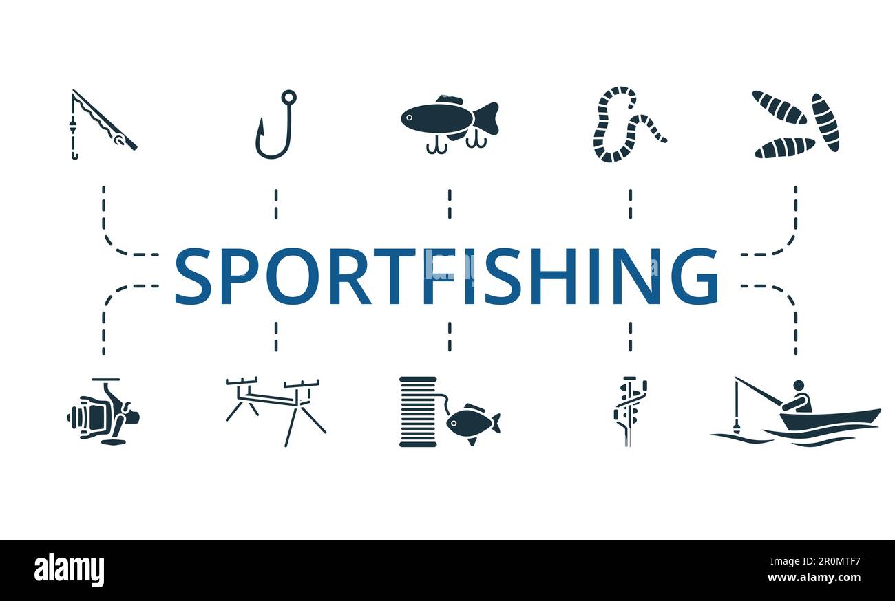 Sportfishing set. Creative icons: fishing rod, fishing hook, lure, worm, maggots, fishing reel, rod pod, fishing line, ice drill, boat fishing, Stock Vector