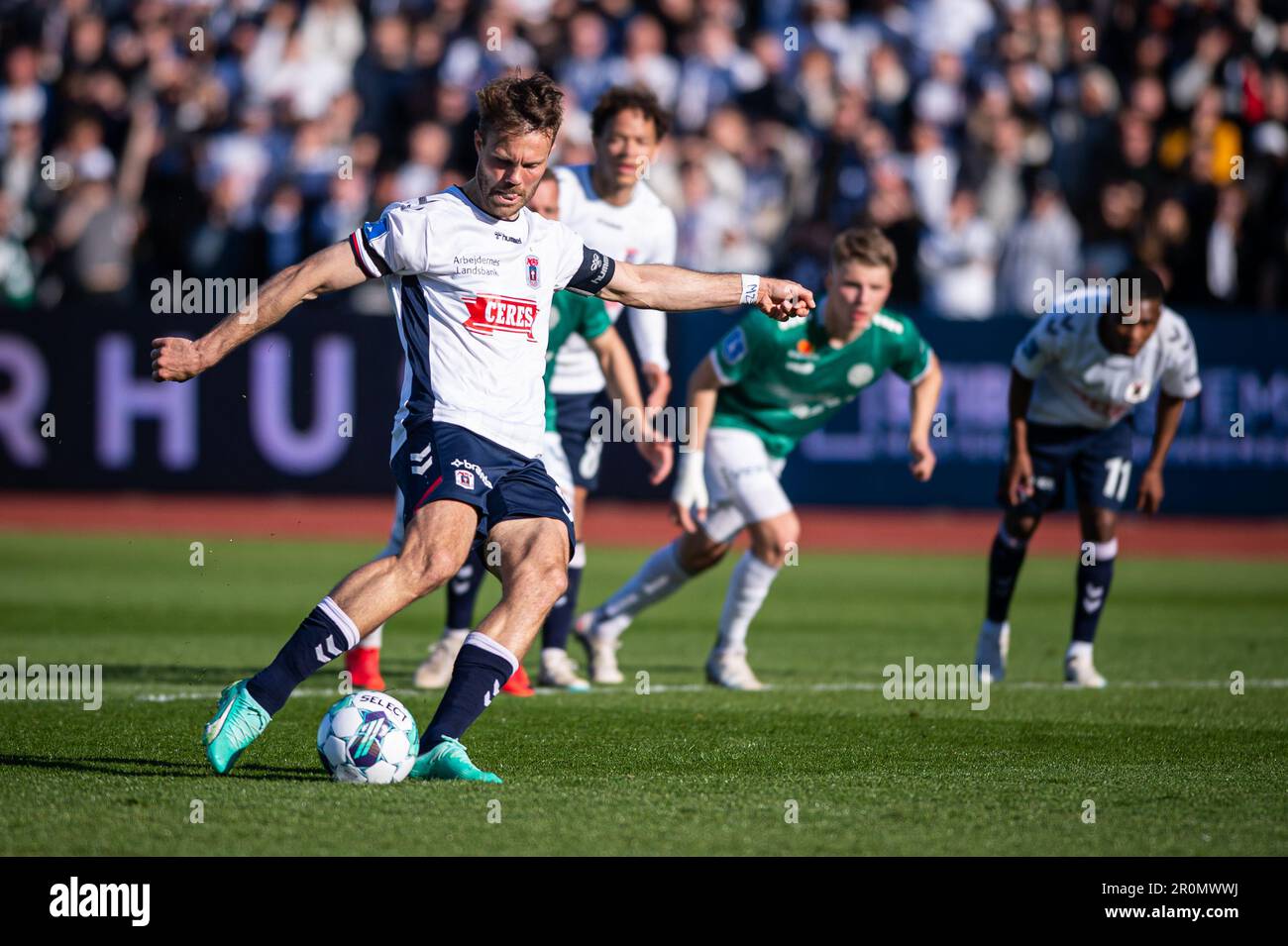 Aarhus, Denmark. 07th, May 2023. Patrick Mortensen (9) of AGF scores