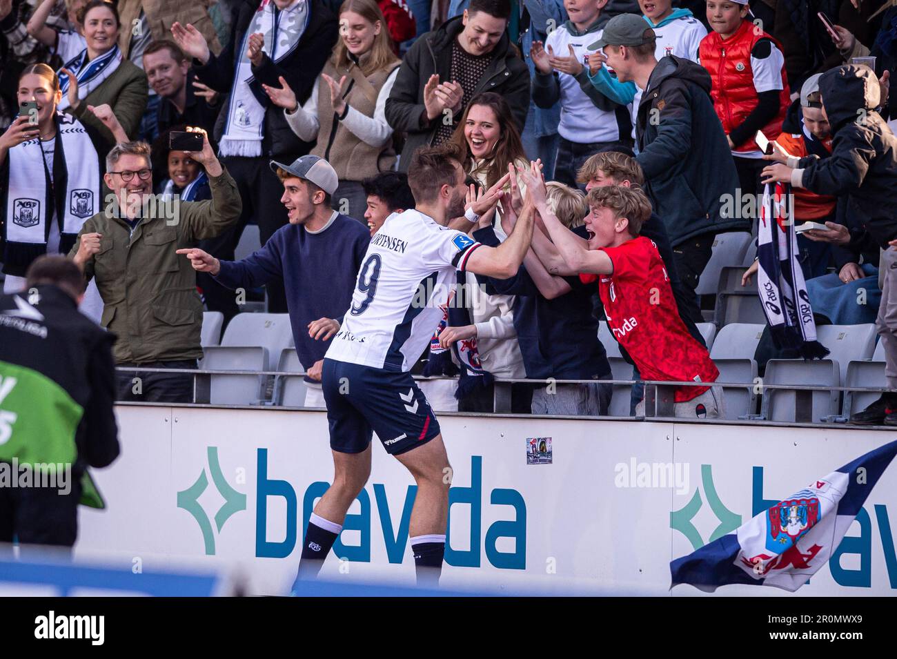 Aarhus, Denmark. 07th, May 2023. Patrick Mortensen (9) of AGF scores