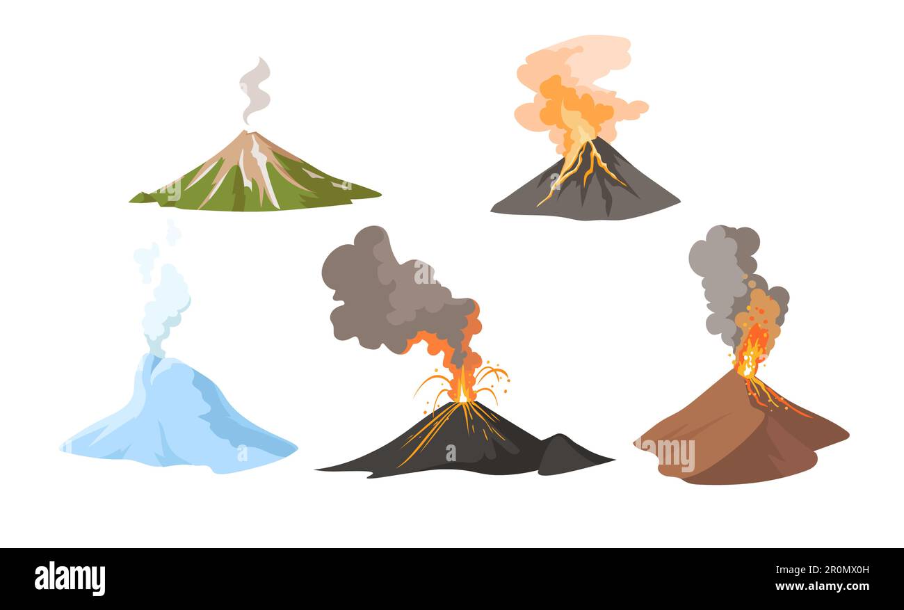 Erupting volcano with fire and smoke set Stock Vector