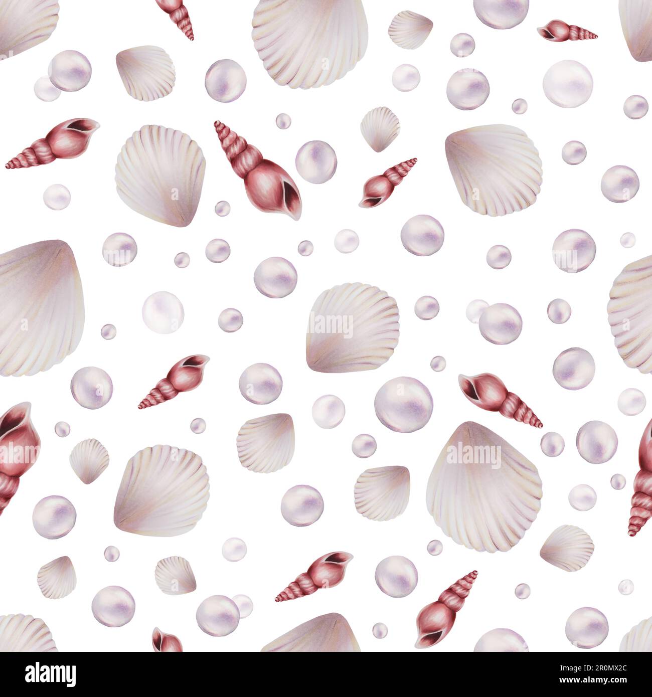 Watercolor seamless pattern with shells and pearls. Hand painting ...