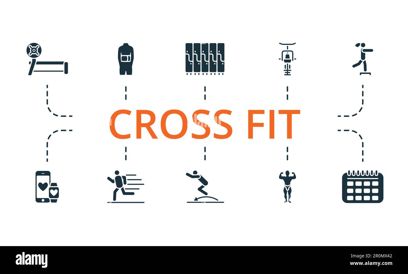 Cross fit set. Creative icons: trainer rod, lumbar belt, locker, gym station, fitness step, health tracking, running, jumping, bodybuilding, schedule. Stock Vector