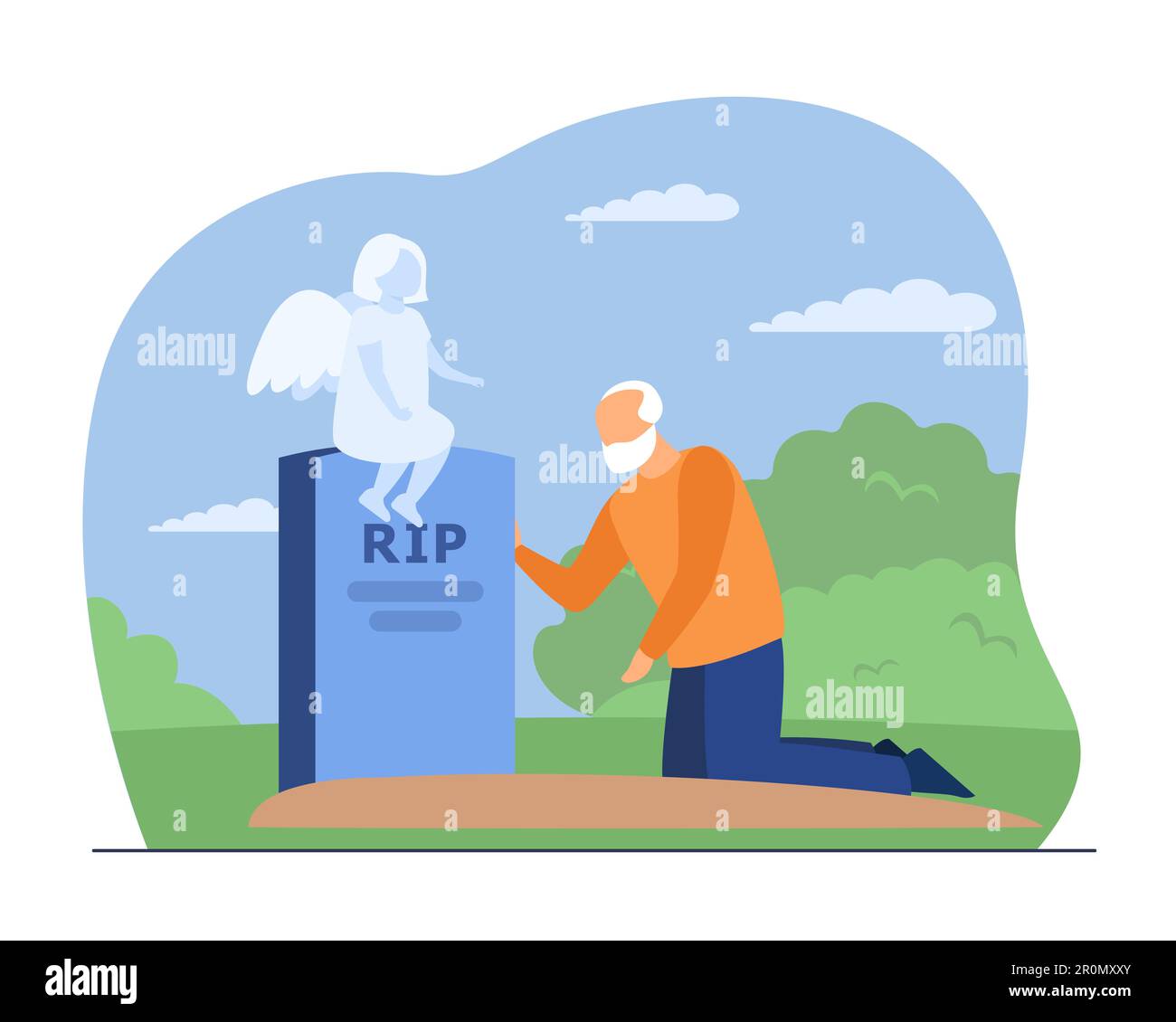 Sad grandfather crying on grave of his grandchild Stock Vector