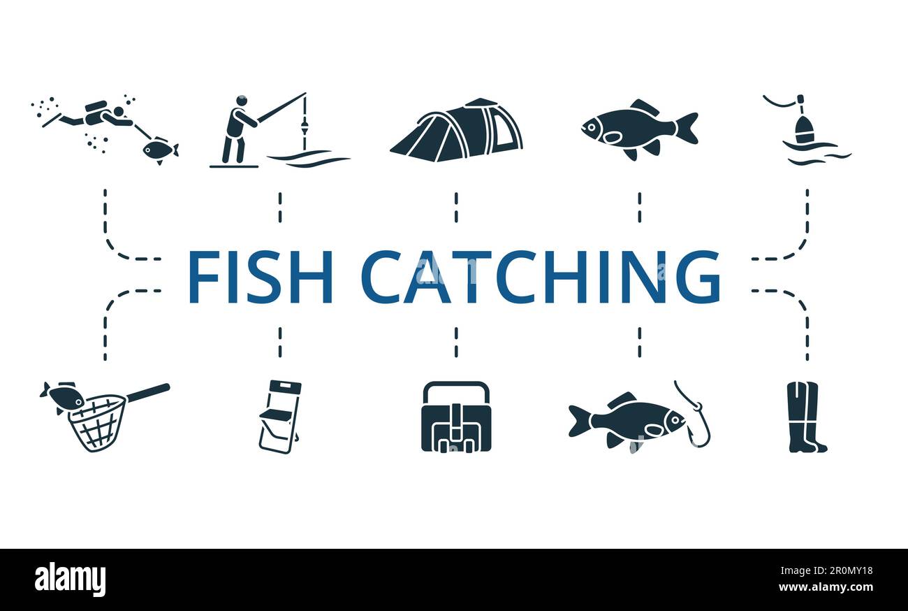 Fish catching set. Creative icons: spearfishing, fisherman, tent, fish, float, landing net, folding chair, fishing bag, fish on hook, fishing boots. Stock Vector