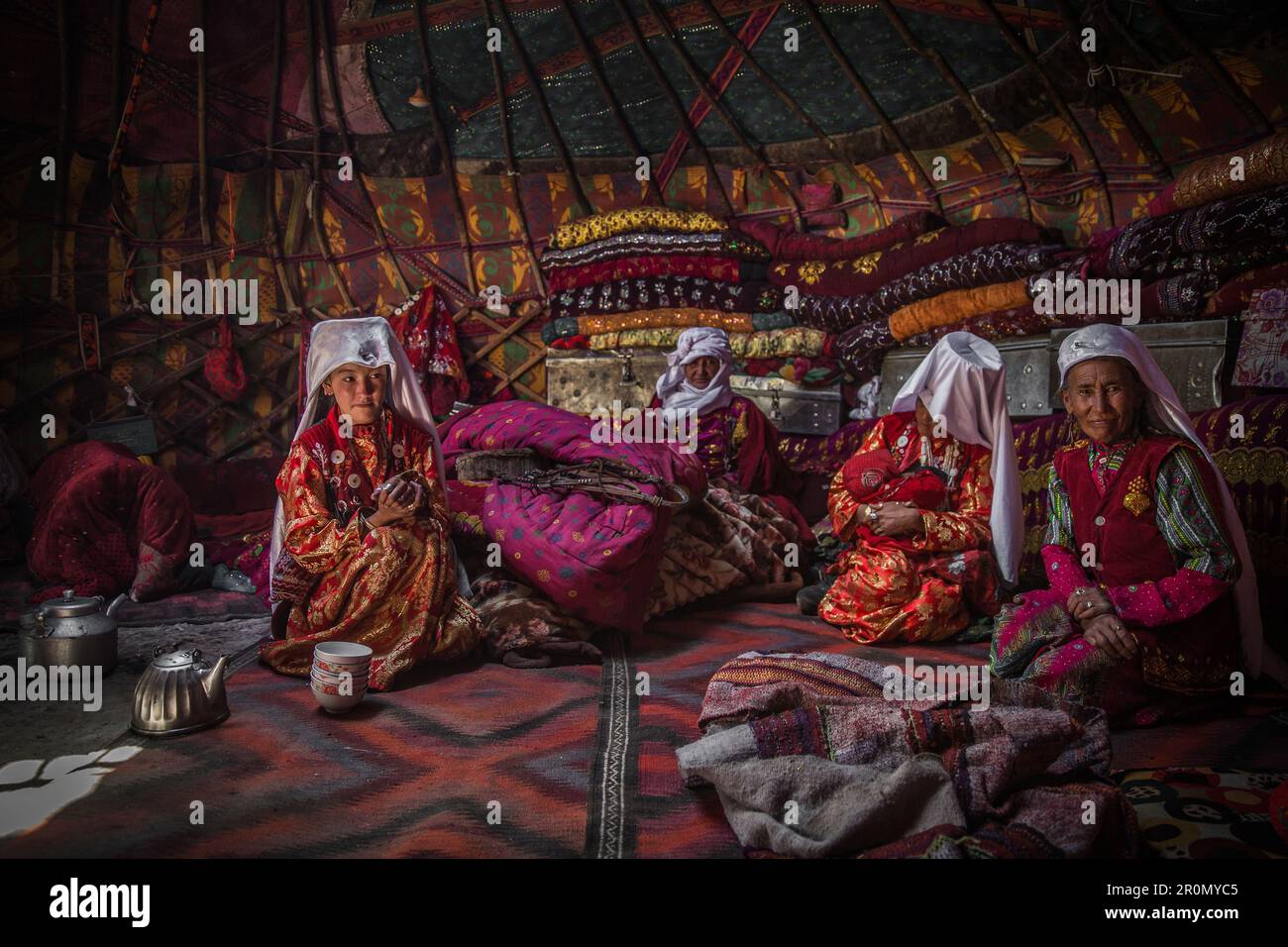 Kyrgyz women in a yurt, Afghanistan, Asia Stock Photo