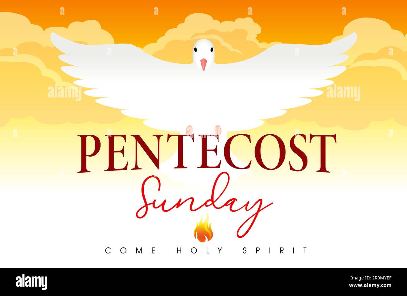 Pentecost Sunday, bulletin banner concept. Come Holy Spirit, flying dove in sky, design for poster or worship invitation. The Outpouring of the Spirit Stock Vector