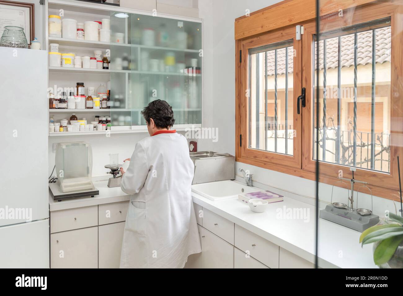 Back view of middle aged female pharmacist in white robe applying chemical pill powder on glass flask while using triple beam balance during measureme Stock Photo