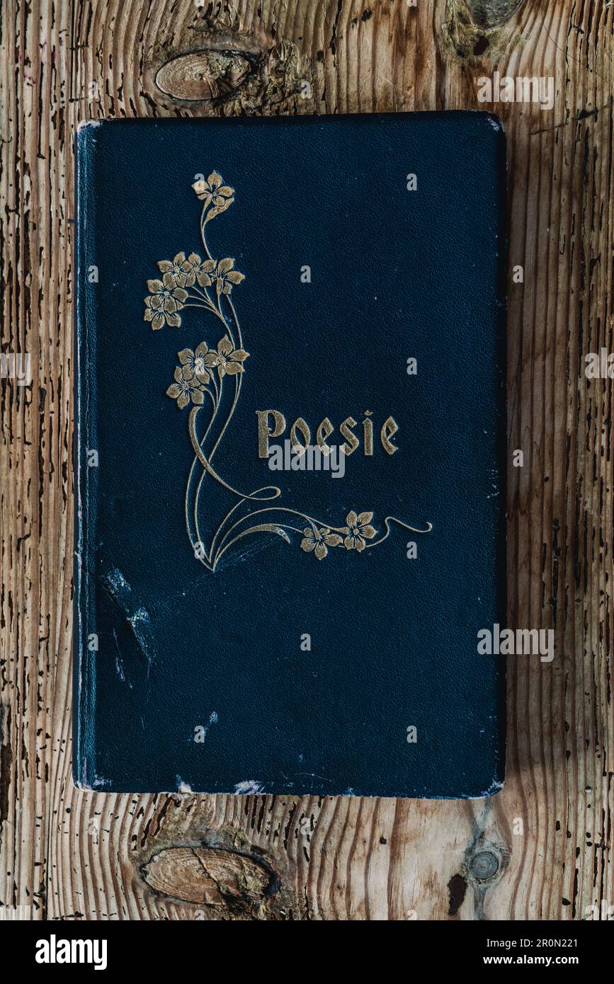 From above view of ancient used blue poem volume placed on wood background Stock Photo