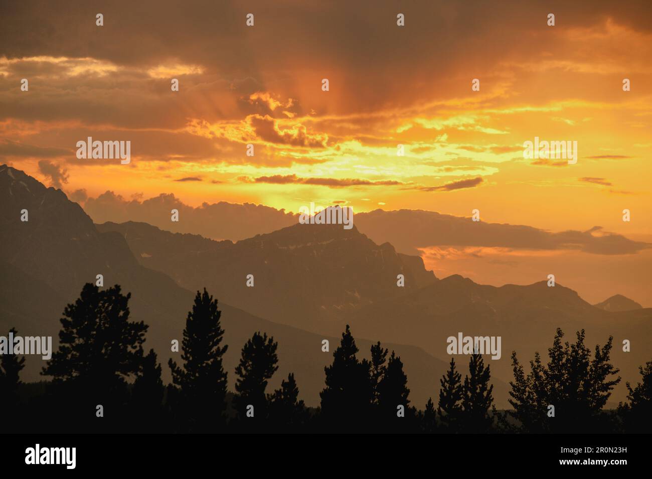 Sun rising over mountains trees hi-res stock photography and images - Alamy