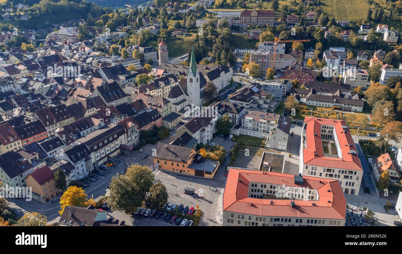 An aerial view of Feldkirch cityscape surrounded by buildings Stock Photo