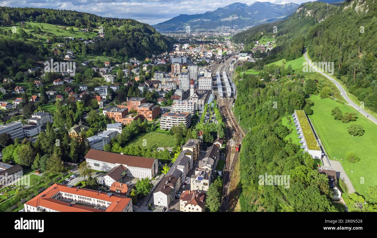 An aerial view of Feldkirch cityscape surrounded by buildings and trees Stock Photo