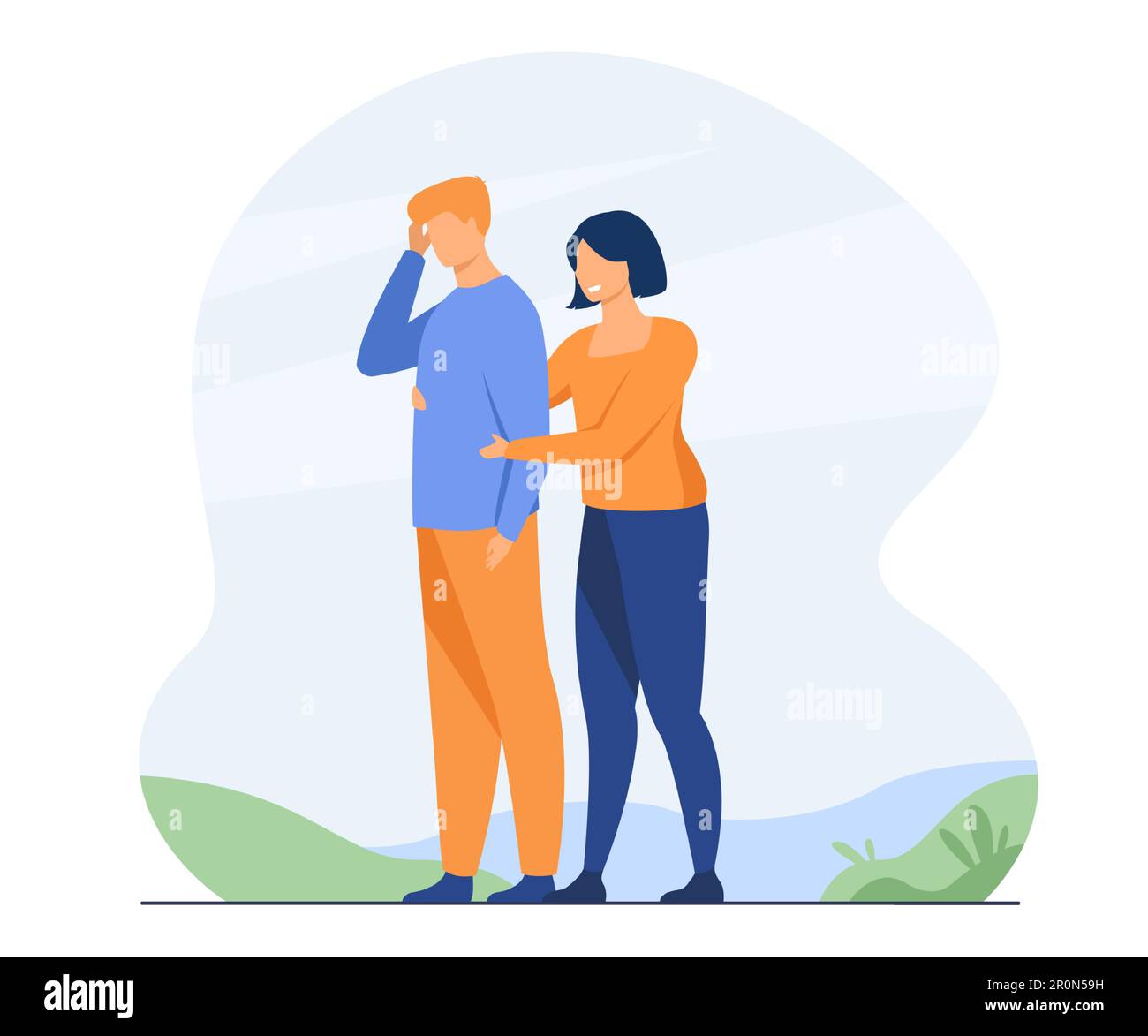 Smiling woman embracing sad man from back Stock Vector