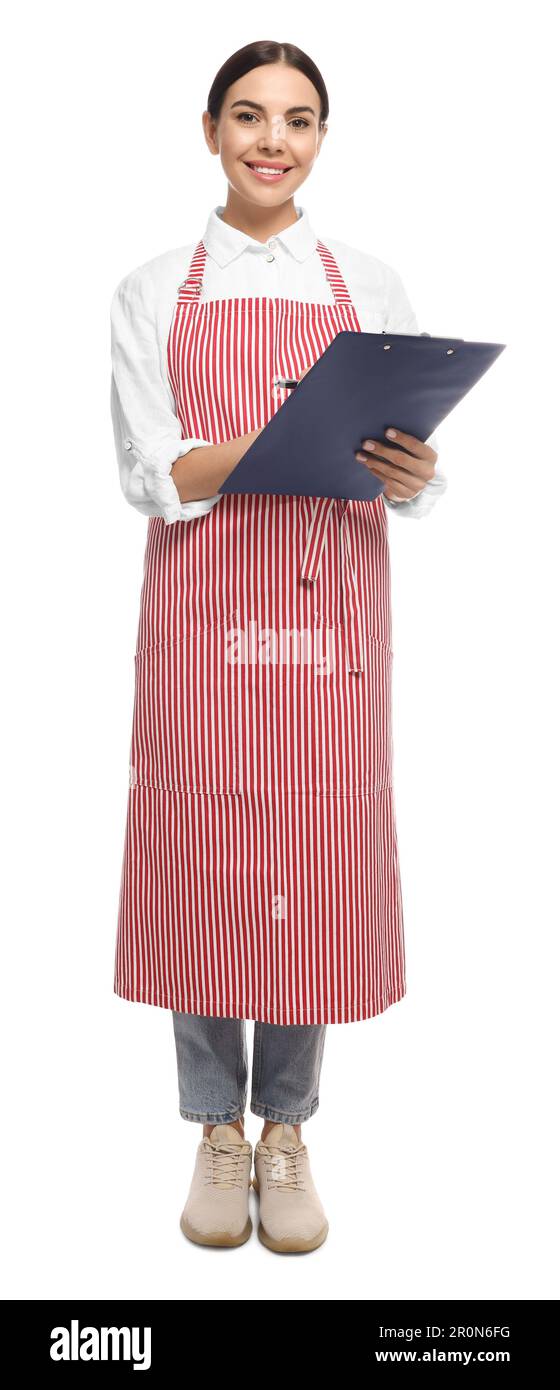 Young woman in red striped apron with clipboard on white background ...