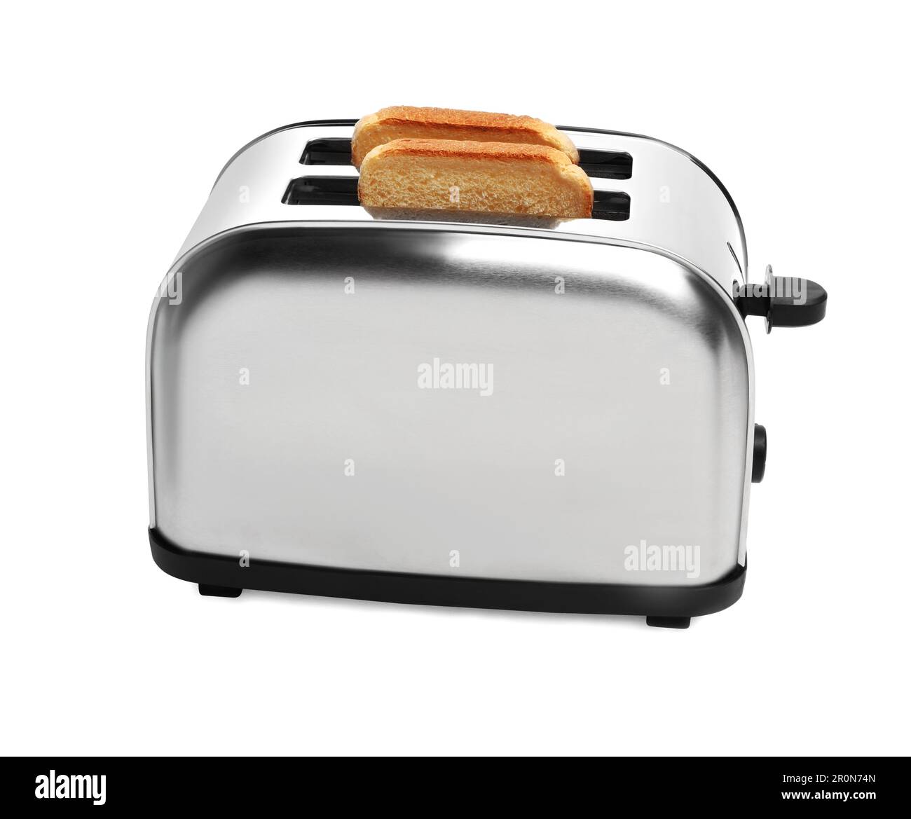 Modern toaster with bread on white background Stock Photo - Alamy