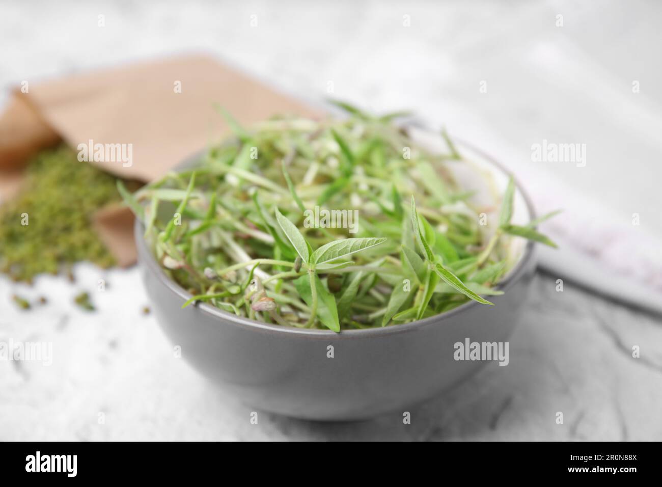 Mung bean sprouts in bowl on white textured table, closeup Stock Photo
