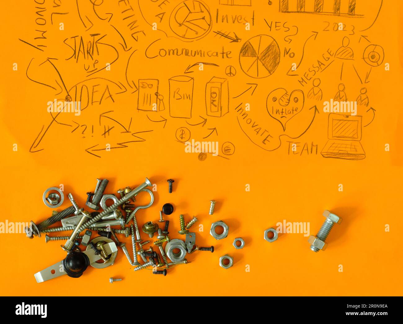 Ideas,innovation, human resources business concept with nuts and bolts, only one is fitting and handwritten business plan,flat lay. Fictional artwork Stock Photo