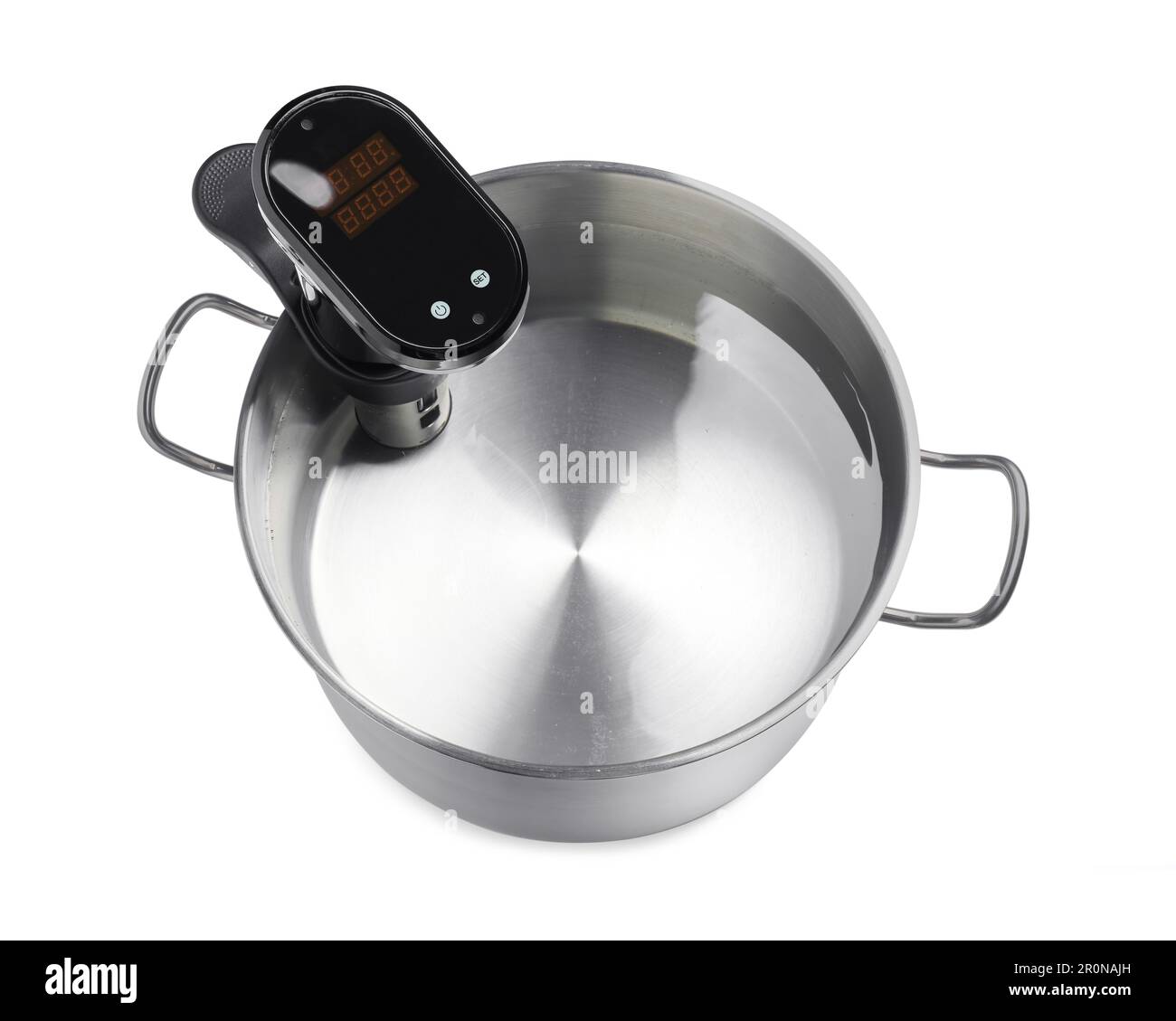 Thermal immersion circulator in pot isolated on white, above view. Sous