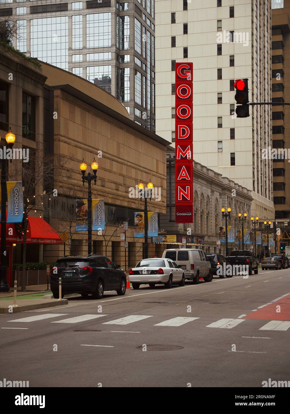 A vertical of Goodman Theater Musicals in Chicago, Illinois Stock Photo